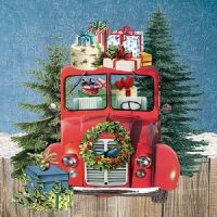 Иллюстрация Машина красная с рождественскими подарками - салфетка 33х33 см